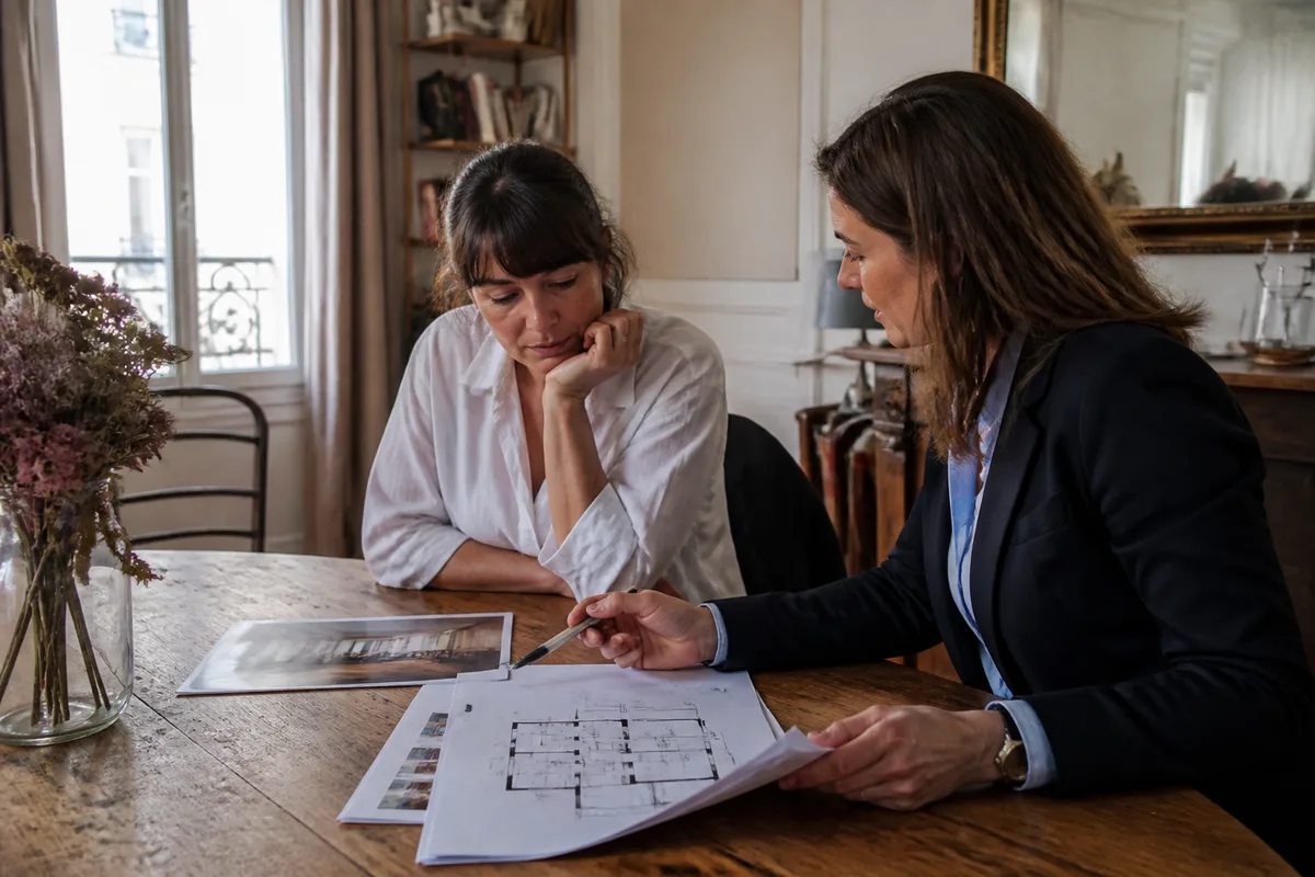 Propriétaire échangeant avec un conseiller immobilier dans un appartement avant la mise en vente