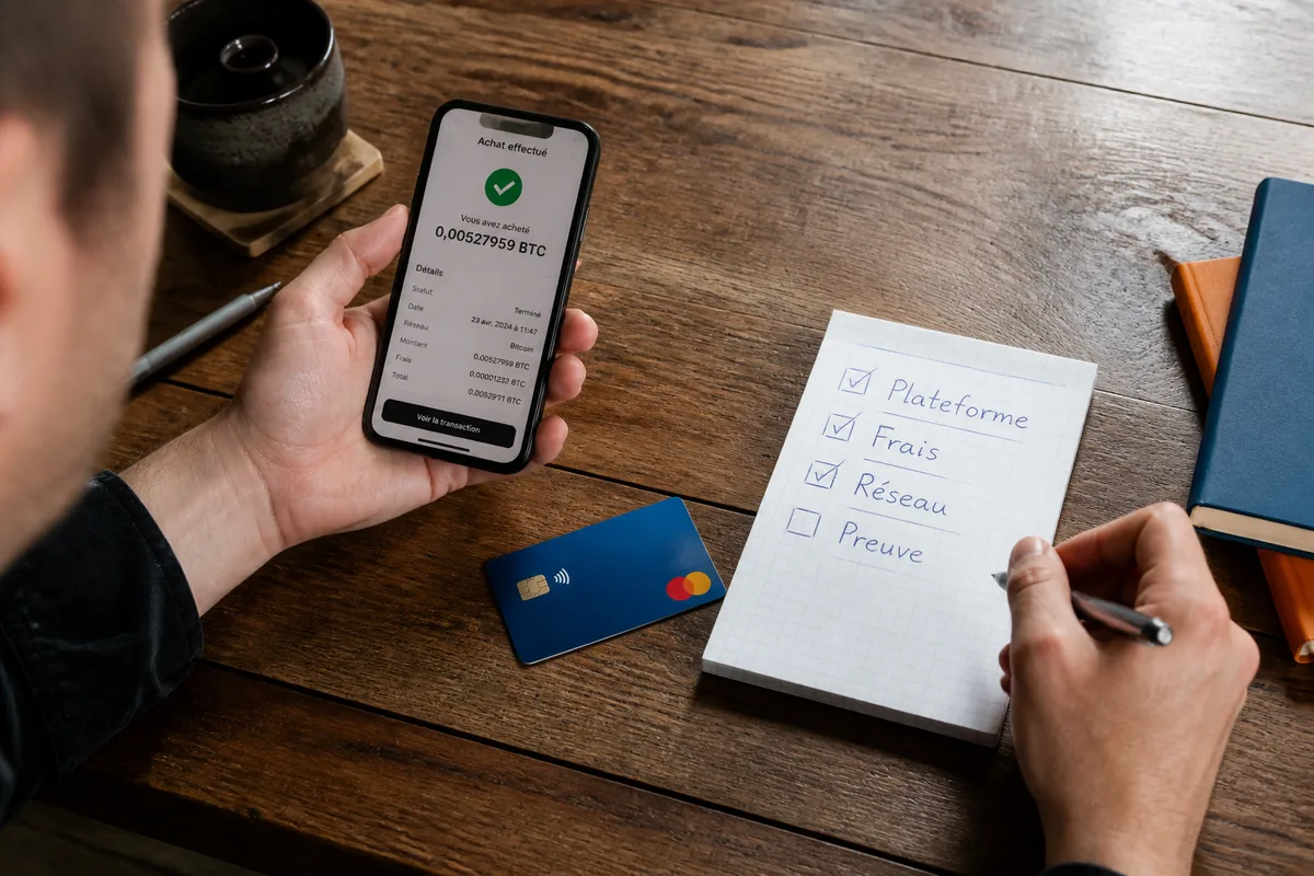 Premier achat de cryptomonnaie vérifié sur un téléphone avec carte bancaire et carnet de contrôle