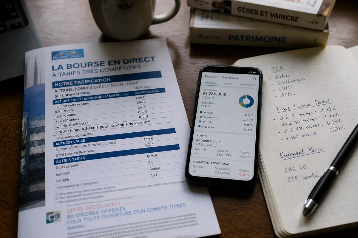 Application et documents de courtage Bourse Direct sur un bureau d’investisseur