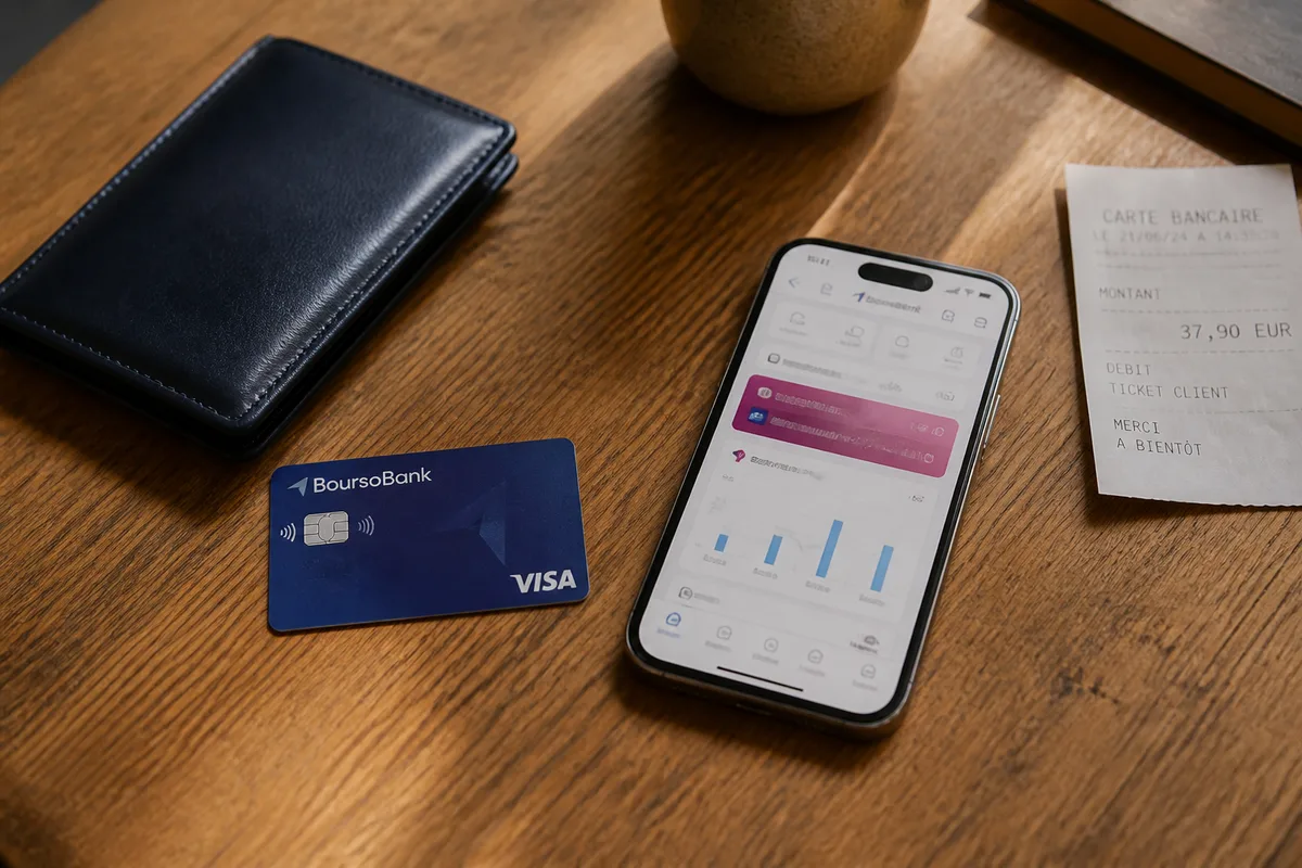 Carte bancaire Boursorama Banque et application mobile dans une scène de gestion de compte au quotidien