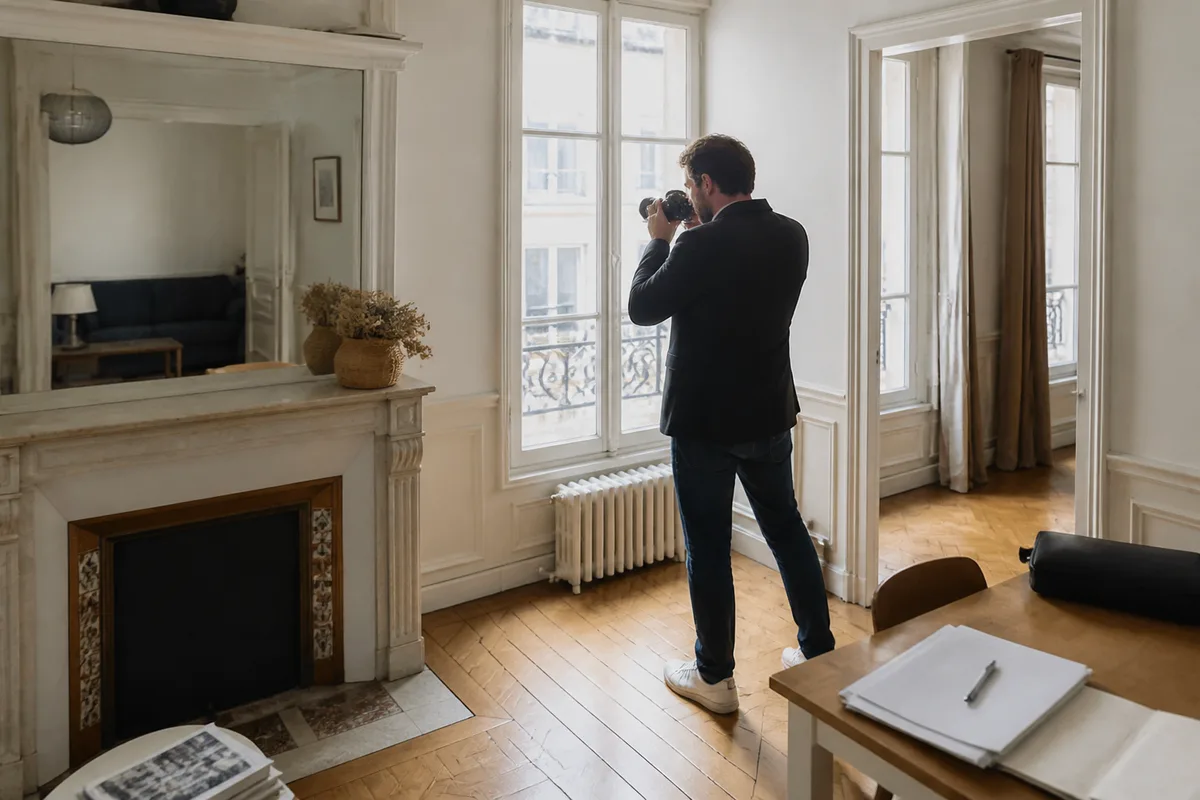 Agent immobilier Imop photographiant un appartement avant sa mise en vente