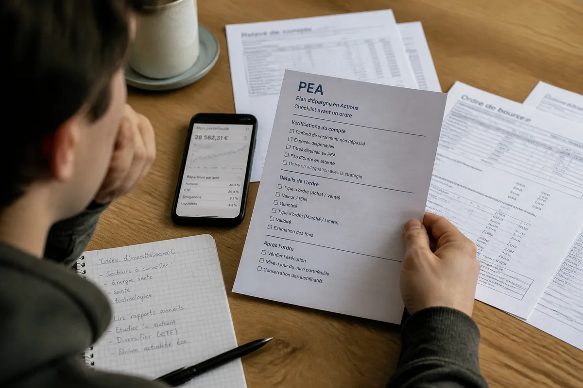 Investisseur débutant préparant un premier ordre avec un PEA et un smartphone