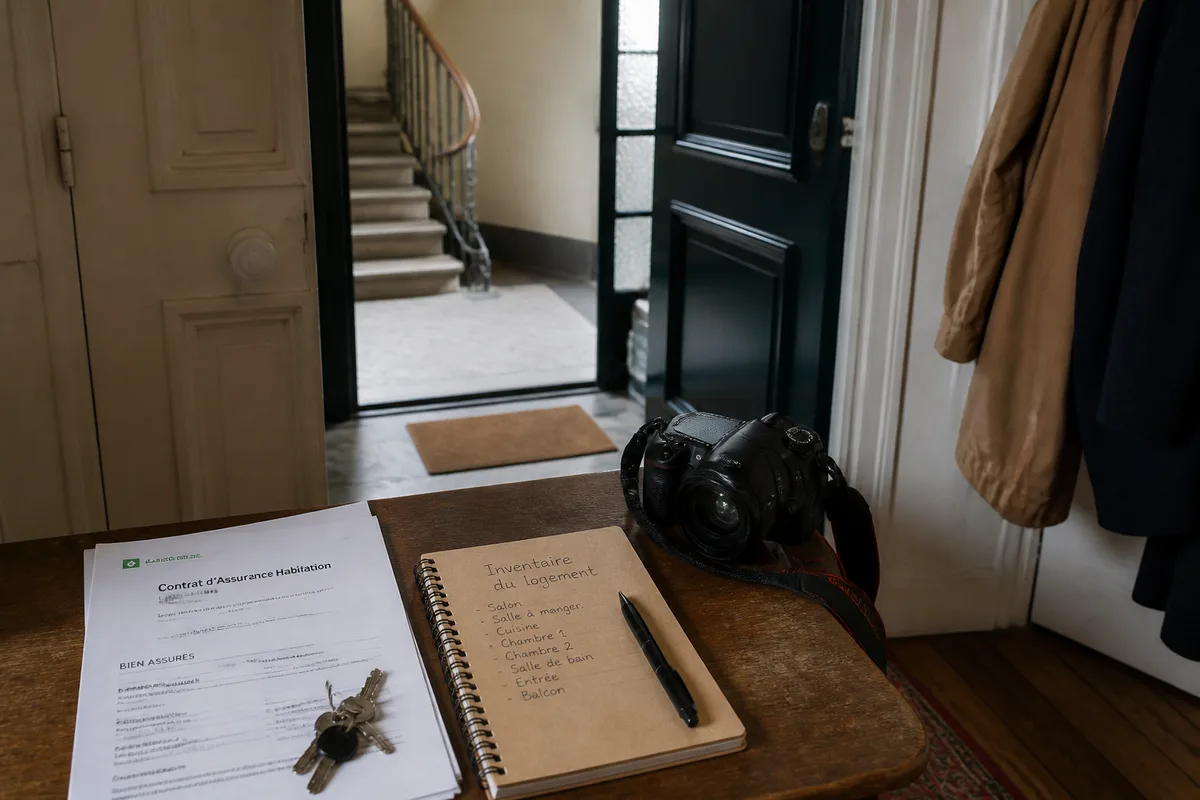 Lecture d’un contrat d’assurance habitation avec clés et inventaire du mobilier dans un logement