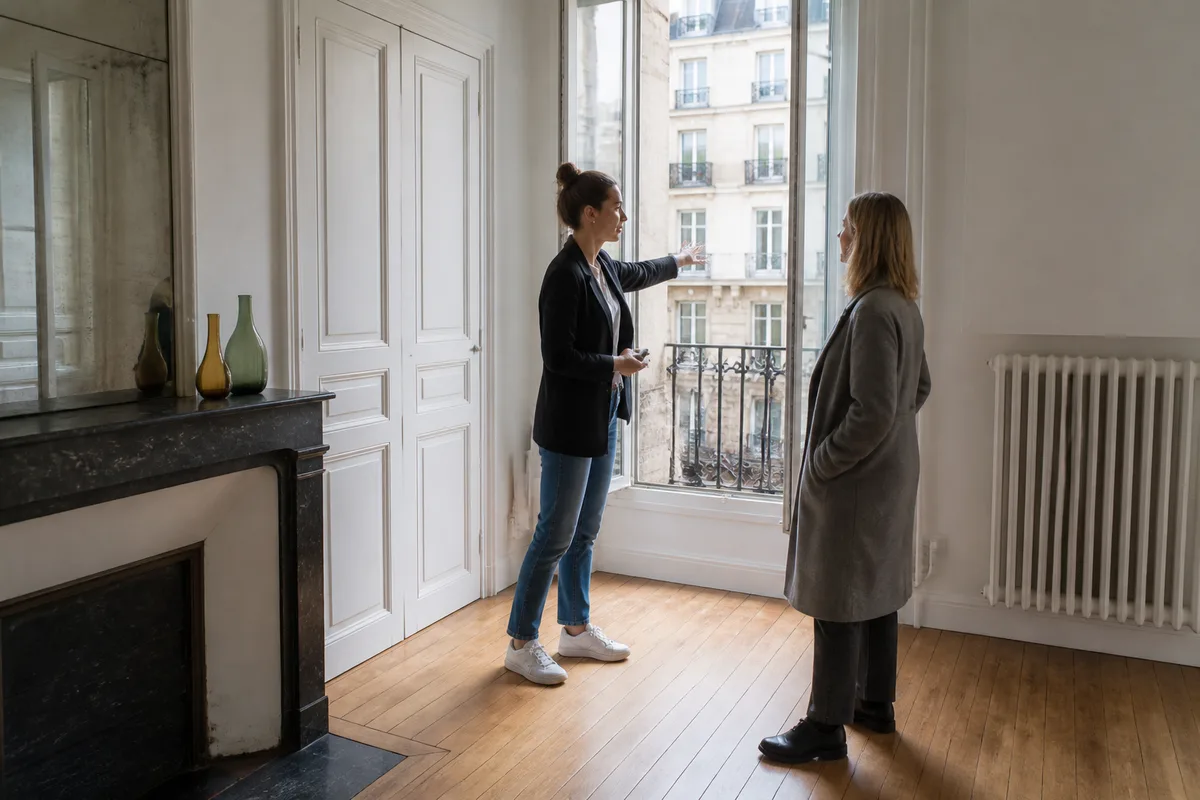 Agent immobilier présentant un appartement à un propriétaire avant sa mise en vente avec Imop