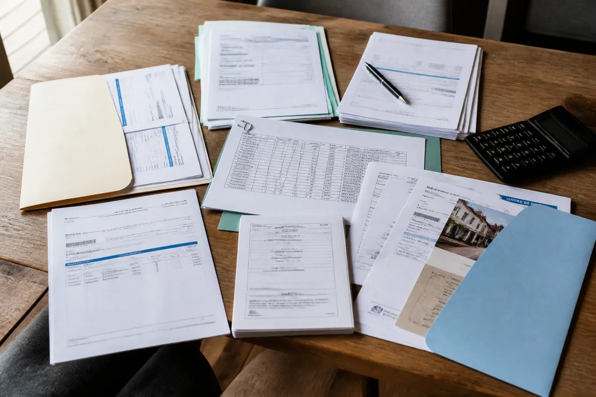 Dossier de prêt immobilier avec relevés bancaires et justificatifs d’apport classés