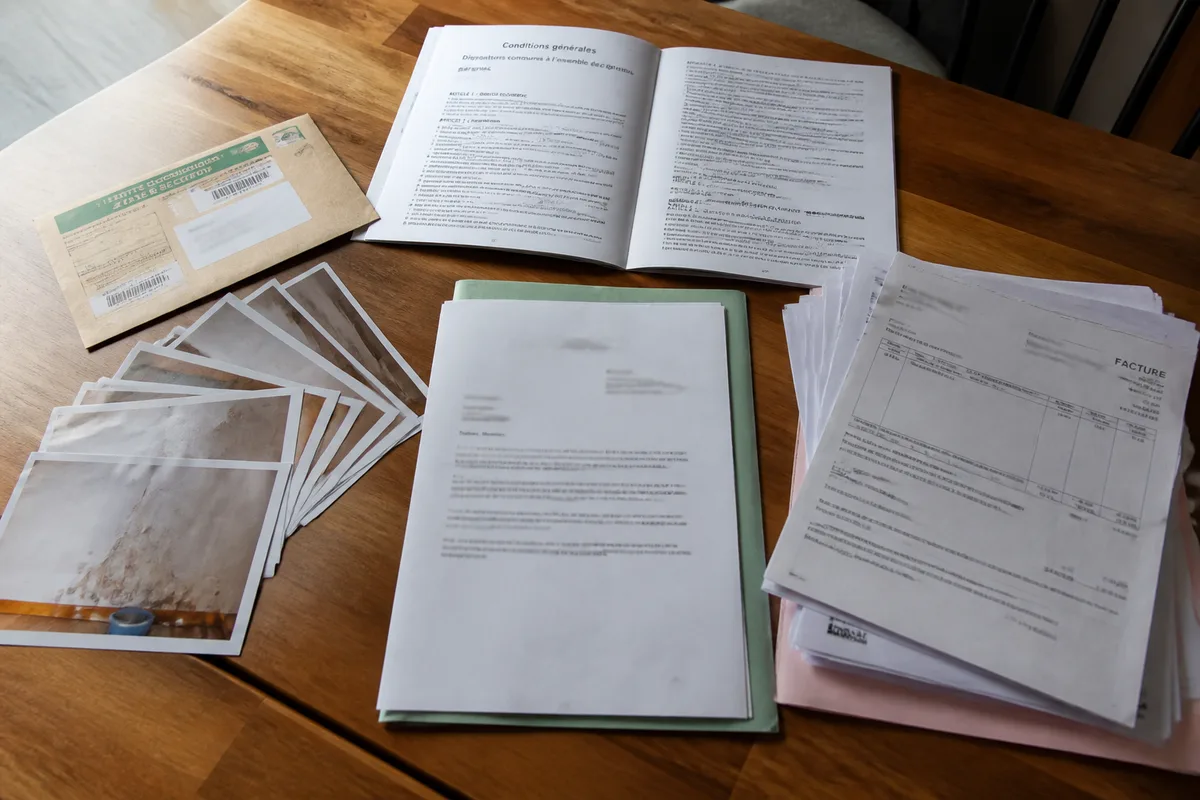 Dossier de contestation d’un refus d’indemnisation assurance avec contrat, courrier recommandé et justificatifs de sinistre