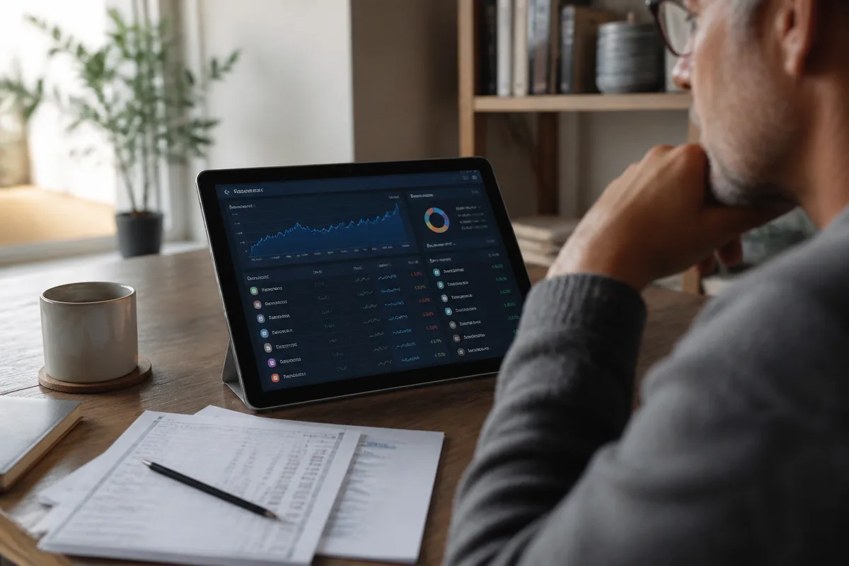 Investisseur consultant une application de service d’investissement en ligne avec un portefeuille d’actions et d’ETF