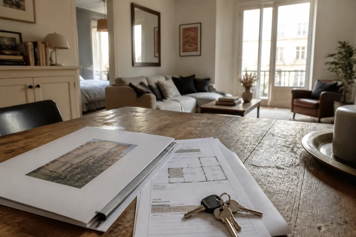 Documents de vente et clés d’un appartement préparé pour une vente entre particuliers